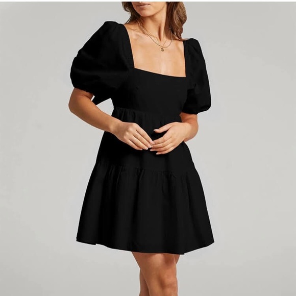 Square Neck Lantern Sleeve High Waisted Tie Back Casual A-Line Mini Dress - Picture 4 of 7